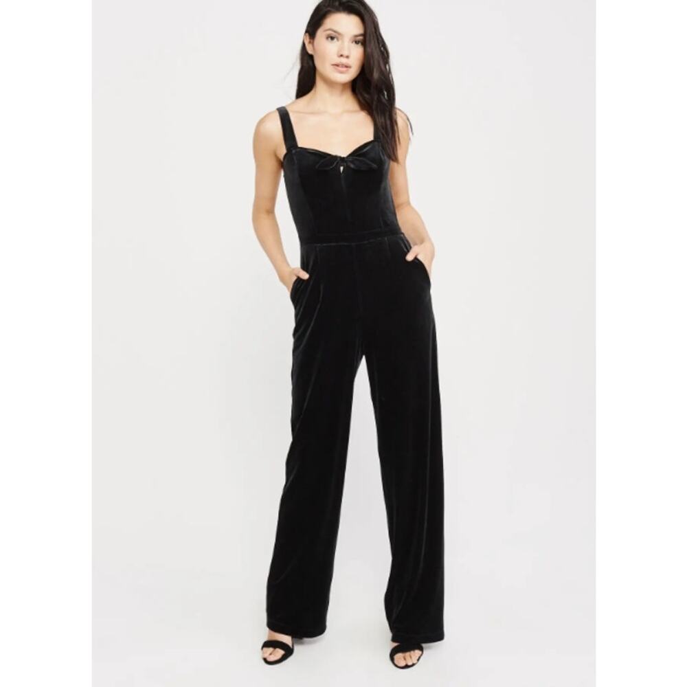 Abercrombie & Fitch Velvet Jumpsuit Bow Sleeveless Wide Leg Black A&F
